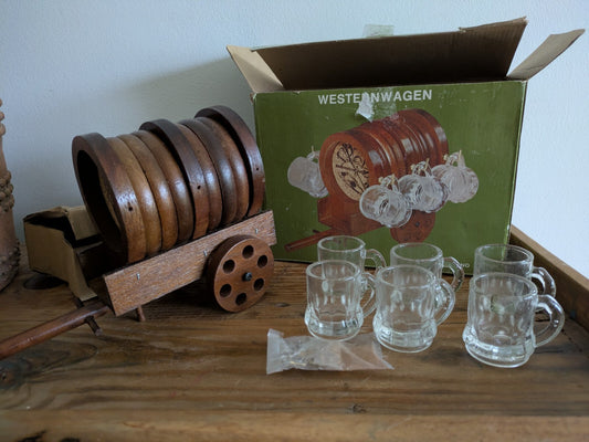 Vintage Kitsch wooden wagon western coaster set caddy cork Mug Glass Shots Beer
