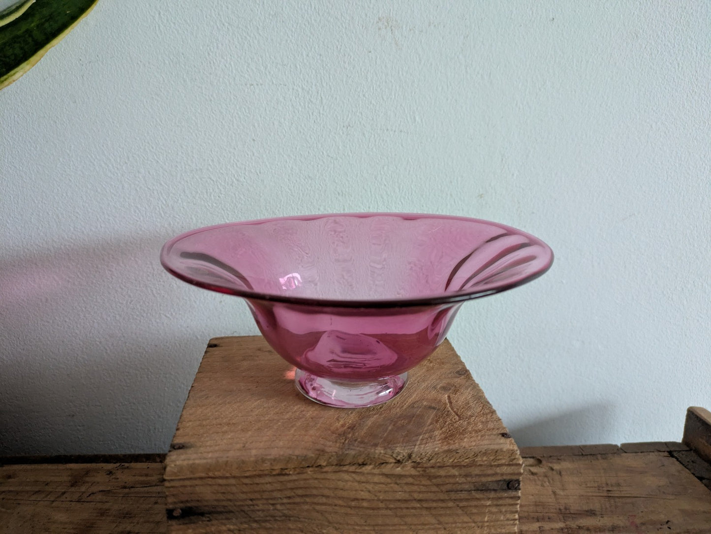Victorian Cranberry Hand Blown Glass Bowl with Crystal Pedestal Dish Vintage Vgc