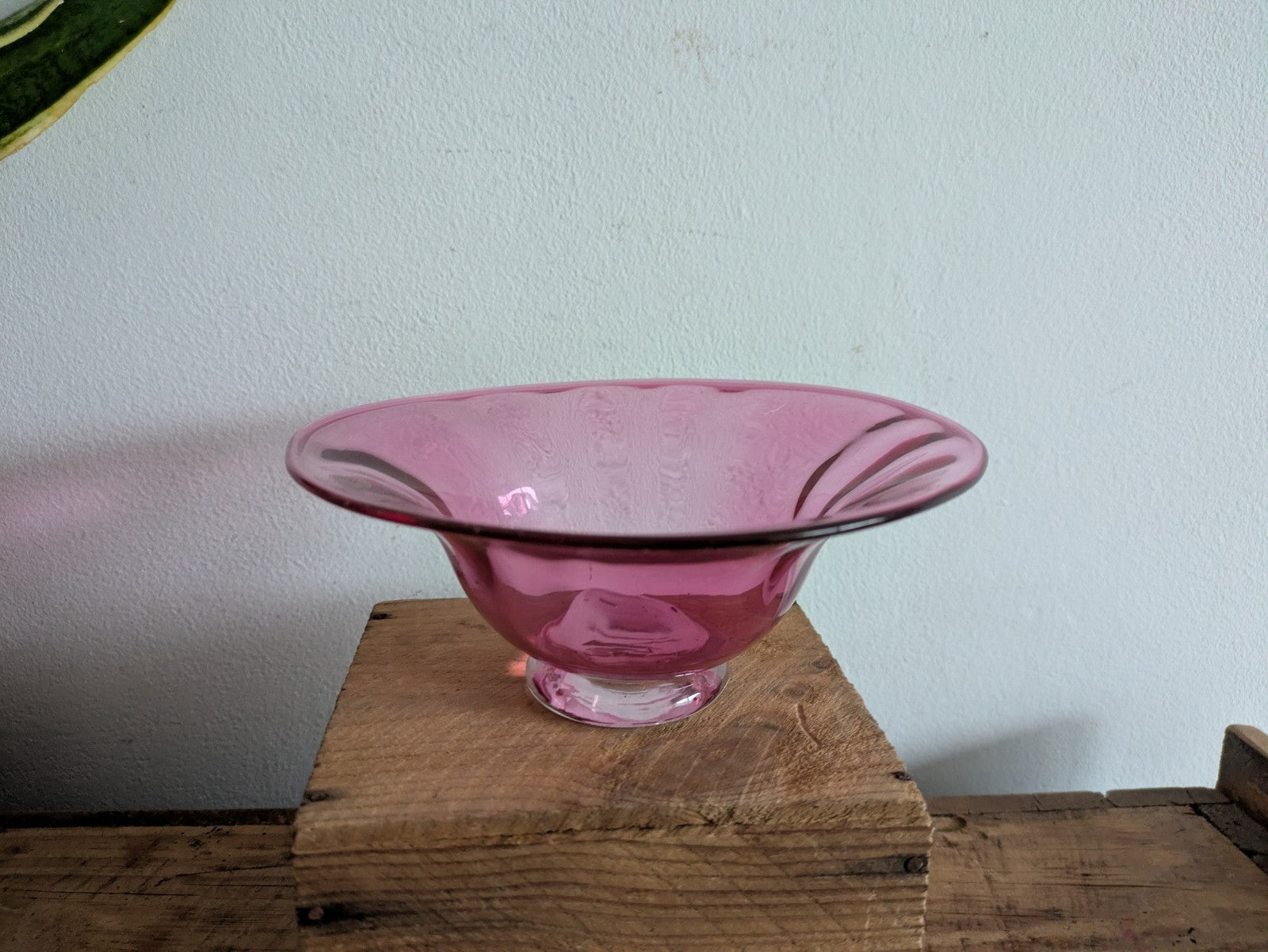 Victorian Cranberry Hand Blown Glass Bowl with Crystal Pedestal Dish Vintage Vgc