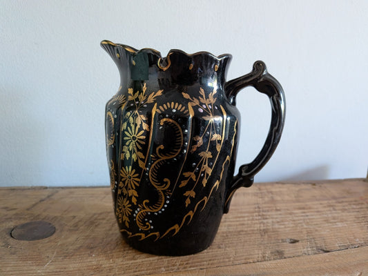 Vintage Jackfield Glazed Jug Vase Victorian Ceramic Black Gilt Gold Decor Old 