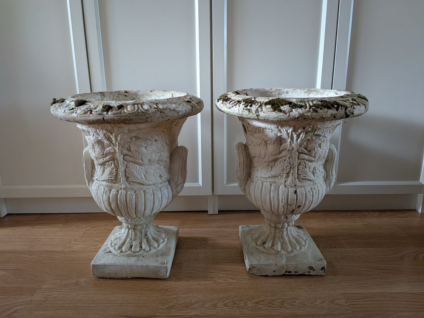 Pair Reclaimed Classical Medici Garden Urn Planter Cast Stone Handles Weathered