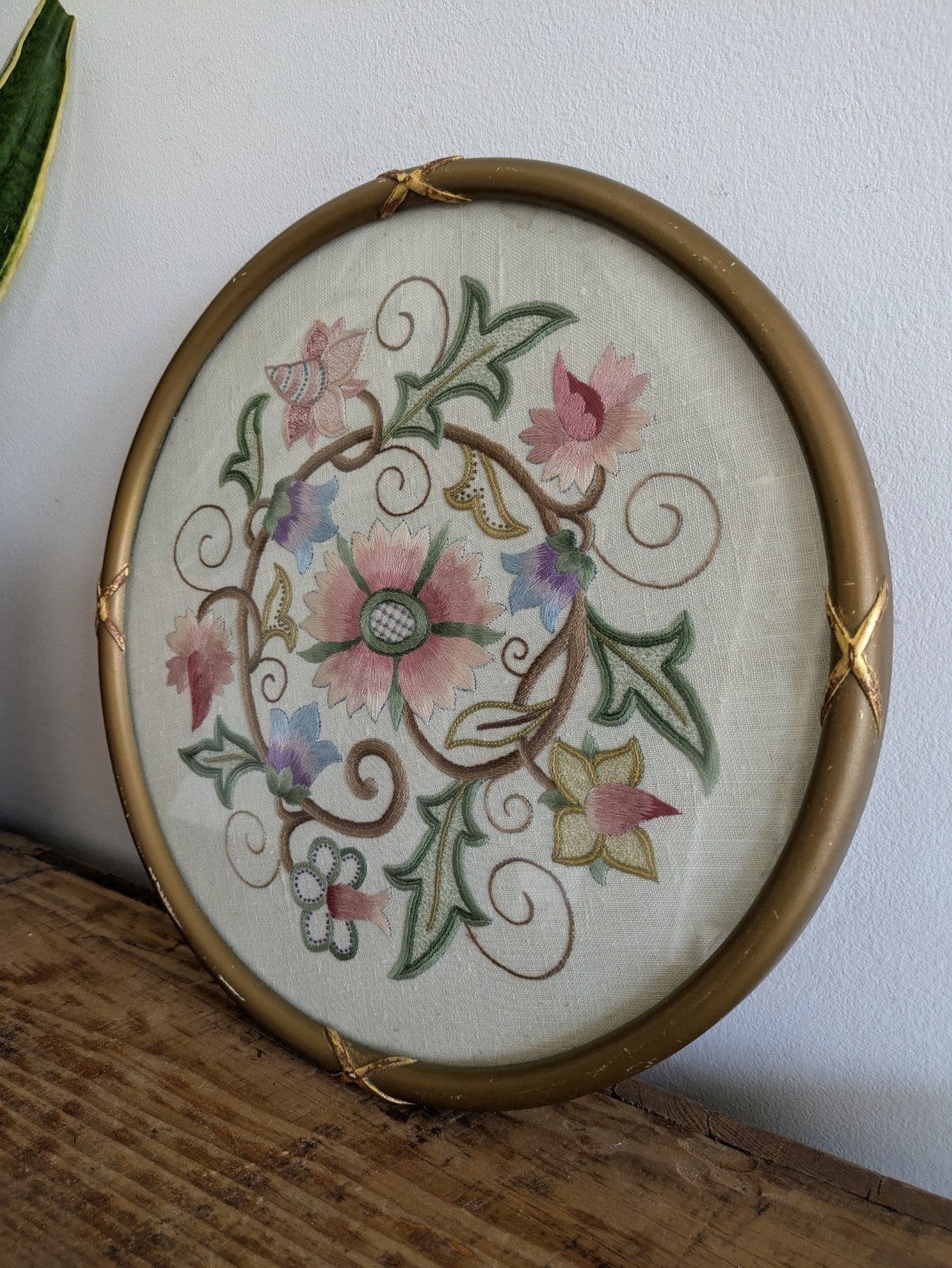 Beautiful Antique Vintage Hand Embroidered Round Framed Picture Tray Gilt Frame