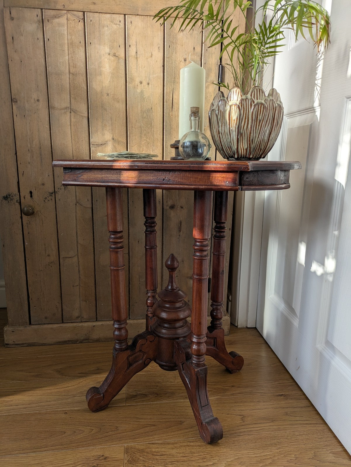 Antique Mahogany Side Table Hall Lamp Turned Legs & Finial Base Victorian C1890