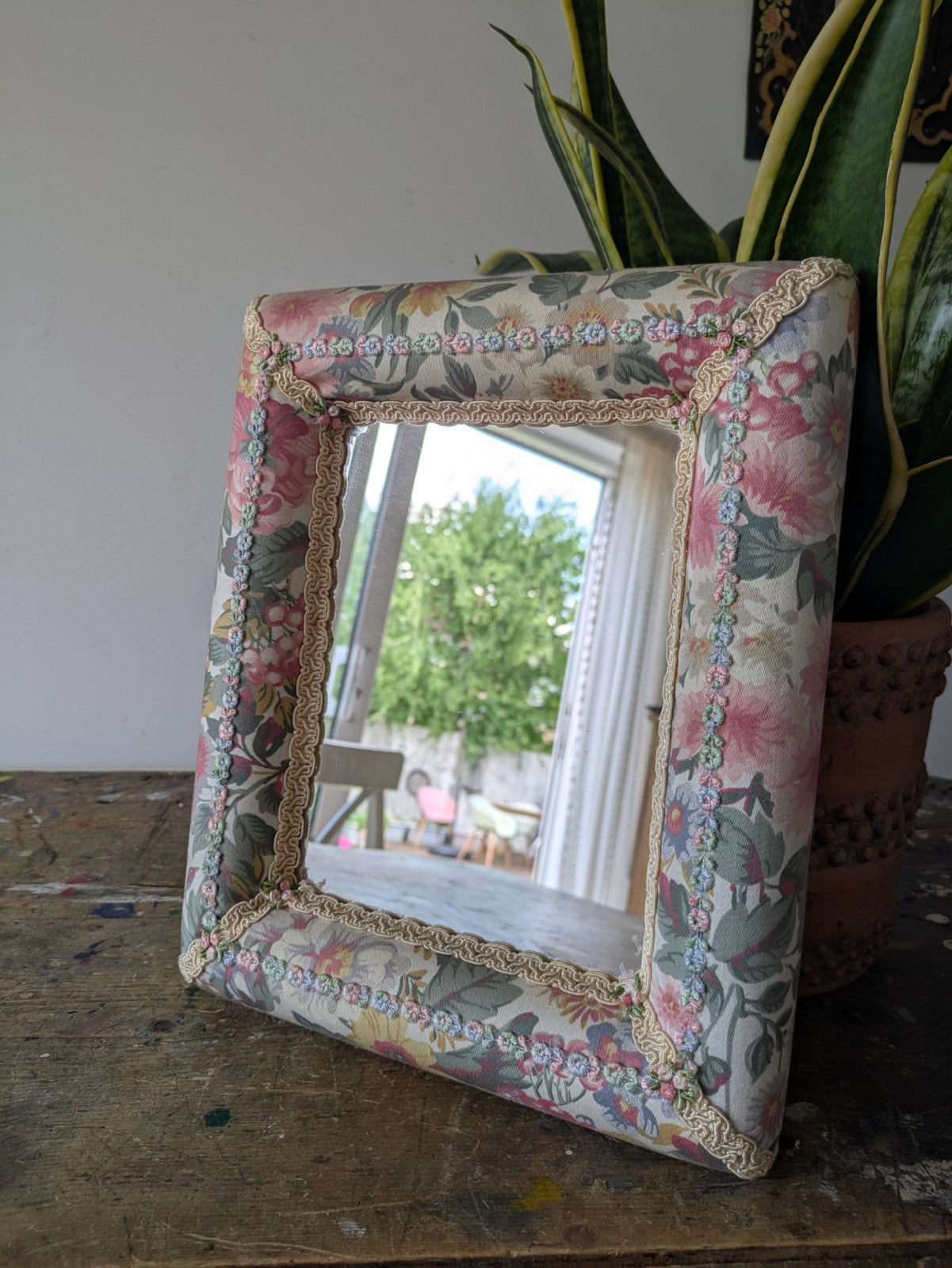 80s 90s Wall Mirror Fabric Floral Vintage Flowers Pink Rectangular Padded Chintz
