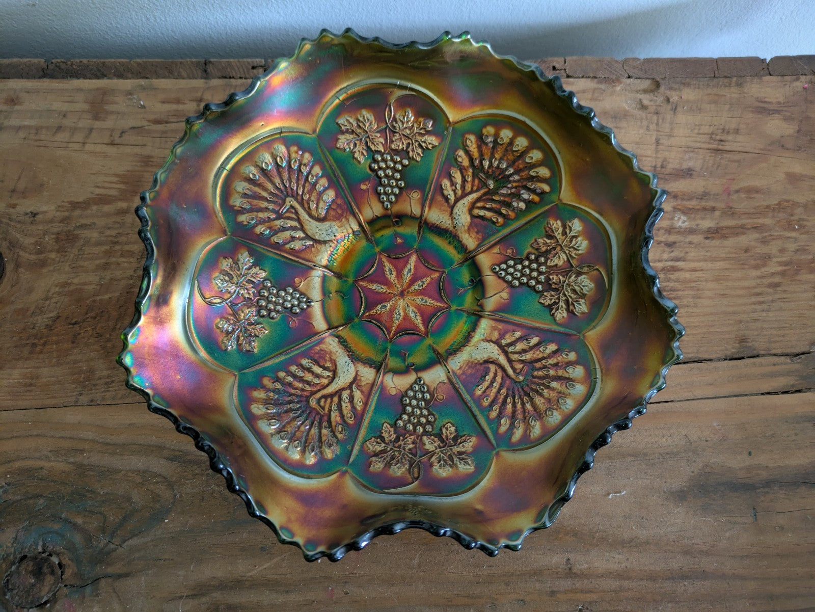 Fenton Peacock & Grape Green Iridescent Carnival Glass Ruffled Bowl Antique Rare