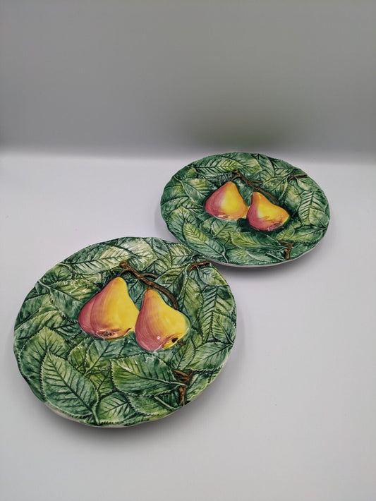 2x Neiman Marcus Majolica Fruit Plates Made in Italy Decorated Leaf Pear Side