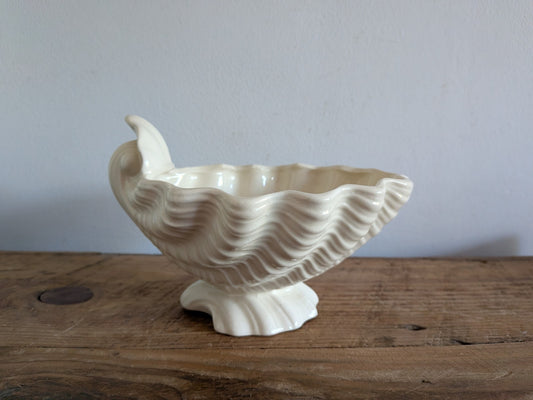 Vintage White Clam Shell Pottery Planter Footed Bowl Mid Century Bowl Planter