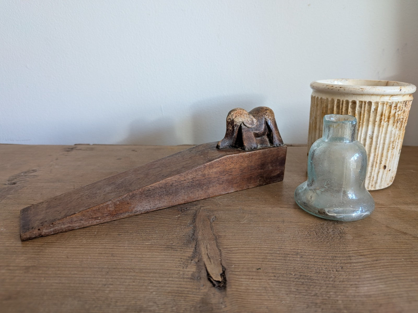 Antique Carved Rare Doorstop Primitive Wood Wedge Elephant Indian Folk Art Vtg