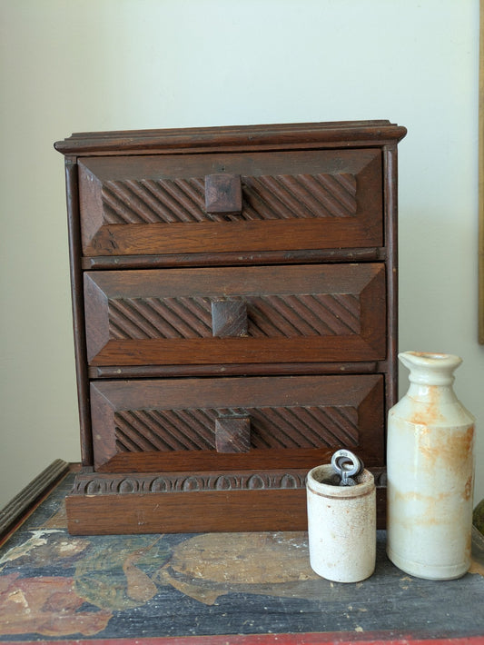 Antique 19th Century Three Drawer Table Top Drawers Carved Apprentice Art Deco 