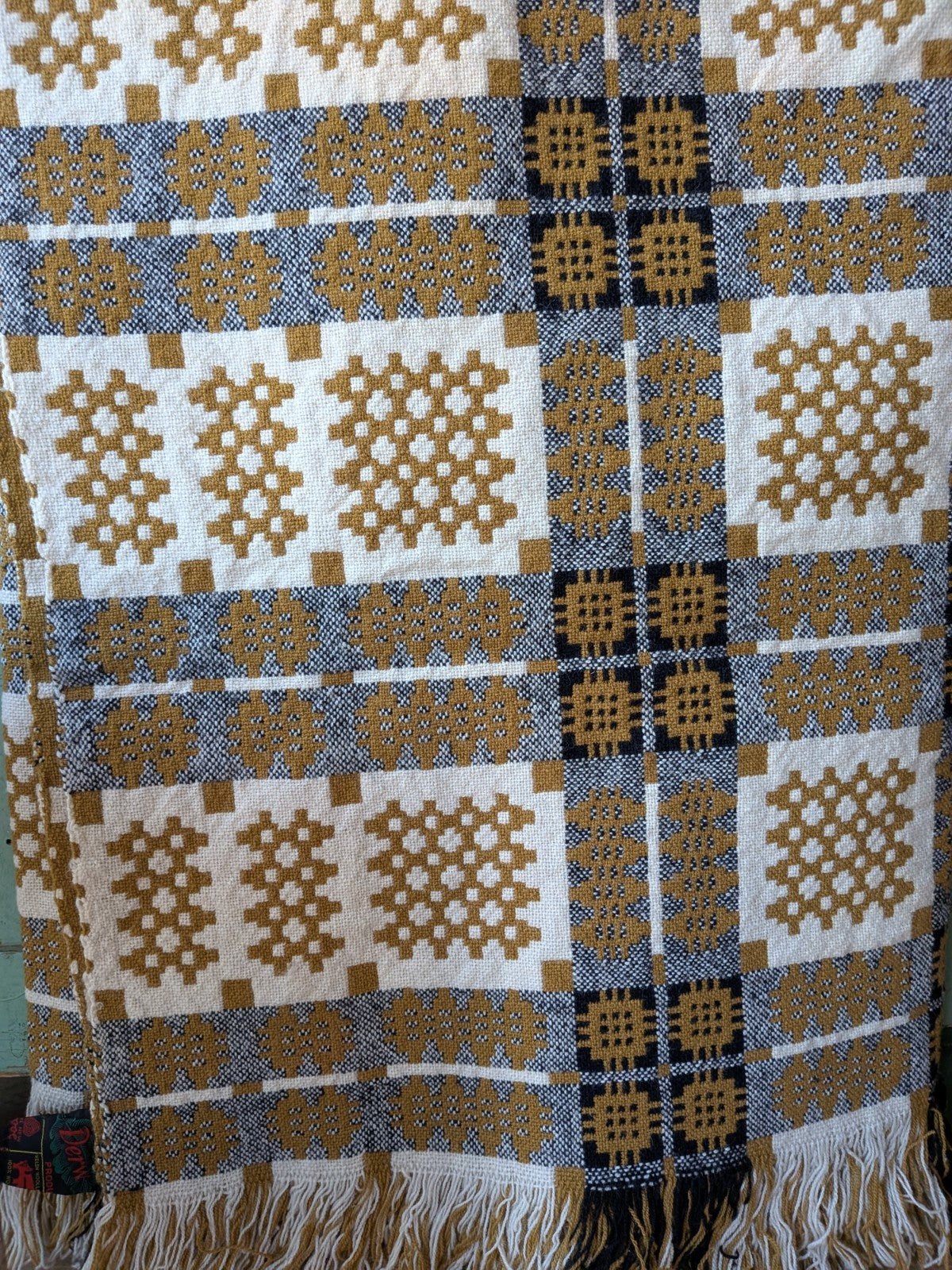 Rare VTG Welsh Wool Blanket Tapestry Black White Reversible Throw Mustard Yellow