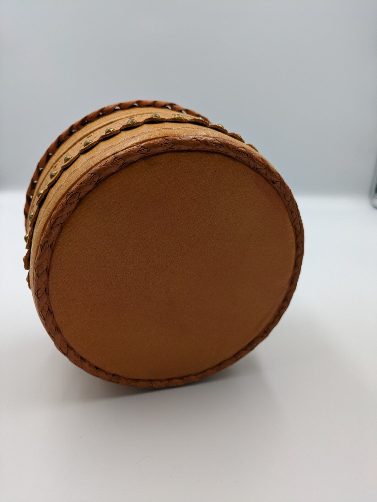 Vintage 1970s Leather Round Keepsake Trinket Box Hand tooled Handmade Sewing Vgc