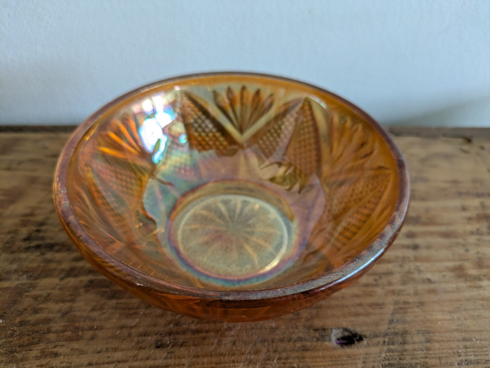 Small Fenton Marigold Carnival Glass Bowl Diamond And Fans Vintage Iridescent 