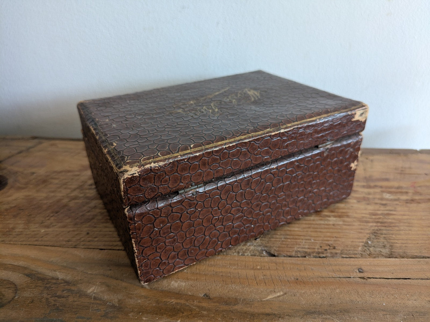 Antique Faux Crocodile Brown Leather Child’s Sewing Box with Contents Workbox 