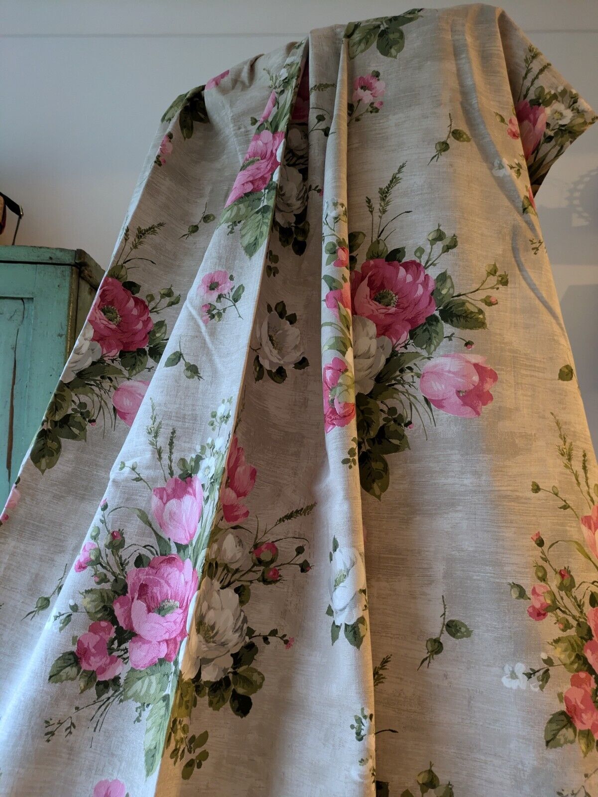 Vtg SANDERSON Pink rose Floral Curtains Shabby Chic W108cm D162cm fabric Grey