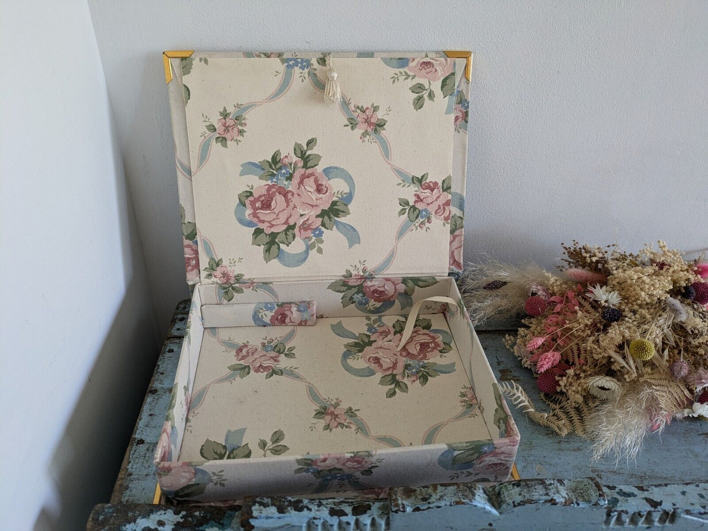 vintage floral Ribbon jewellery box Rose flowers organizer fabric cover Sewing