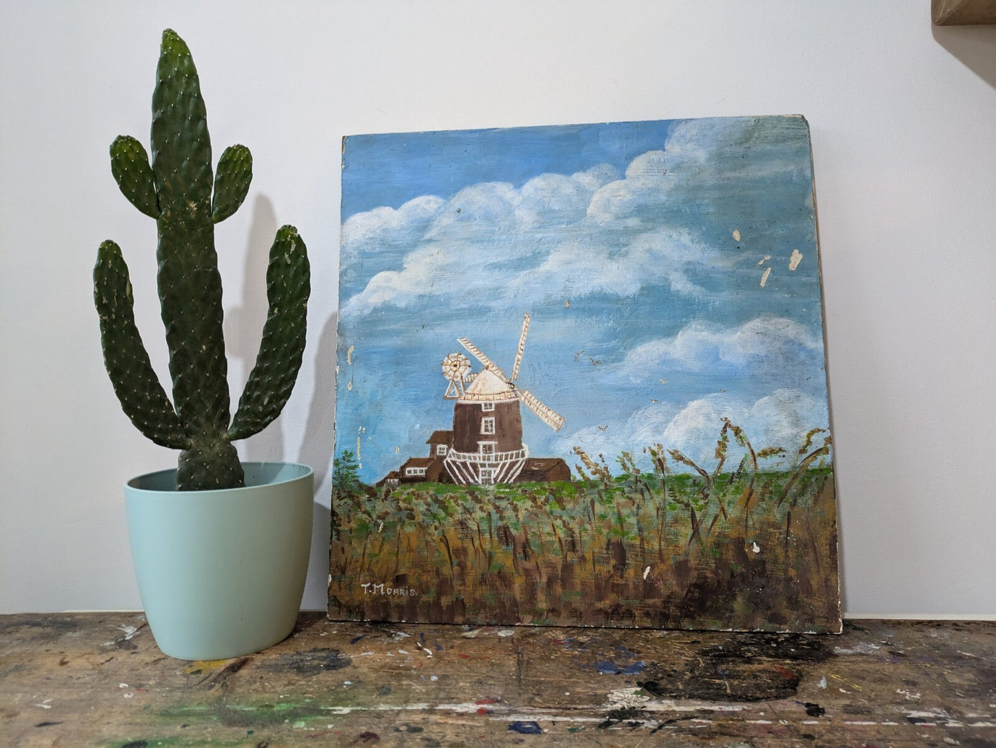 Vtg Painting T Morris Farm Windmill Oil On Board Country Picture Landscape