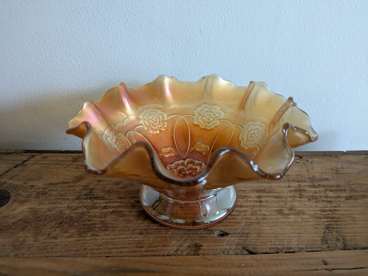 Carnival Glass Bowl Dugan Double Stem Rose Marigold/Peach Opal Iridescent C1917