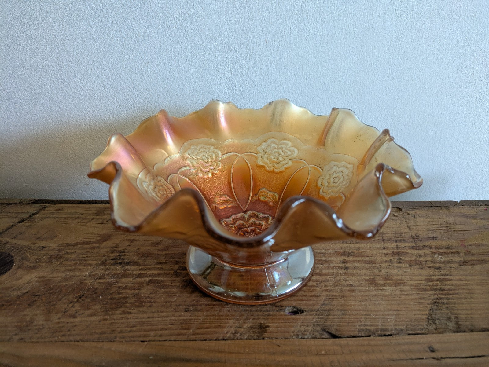 Carnival Glass Bowl Dugan Double Stem Rose Marigold/Peach Opal Iridescent C1917
