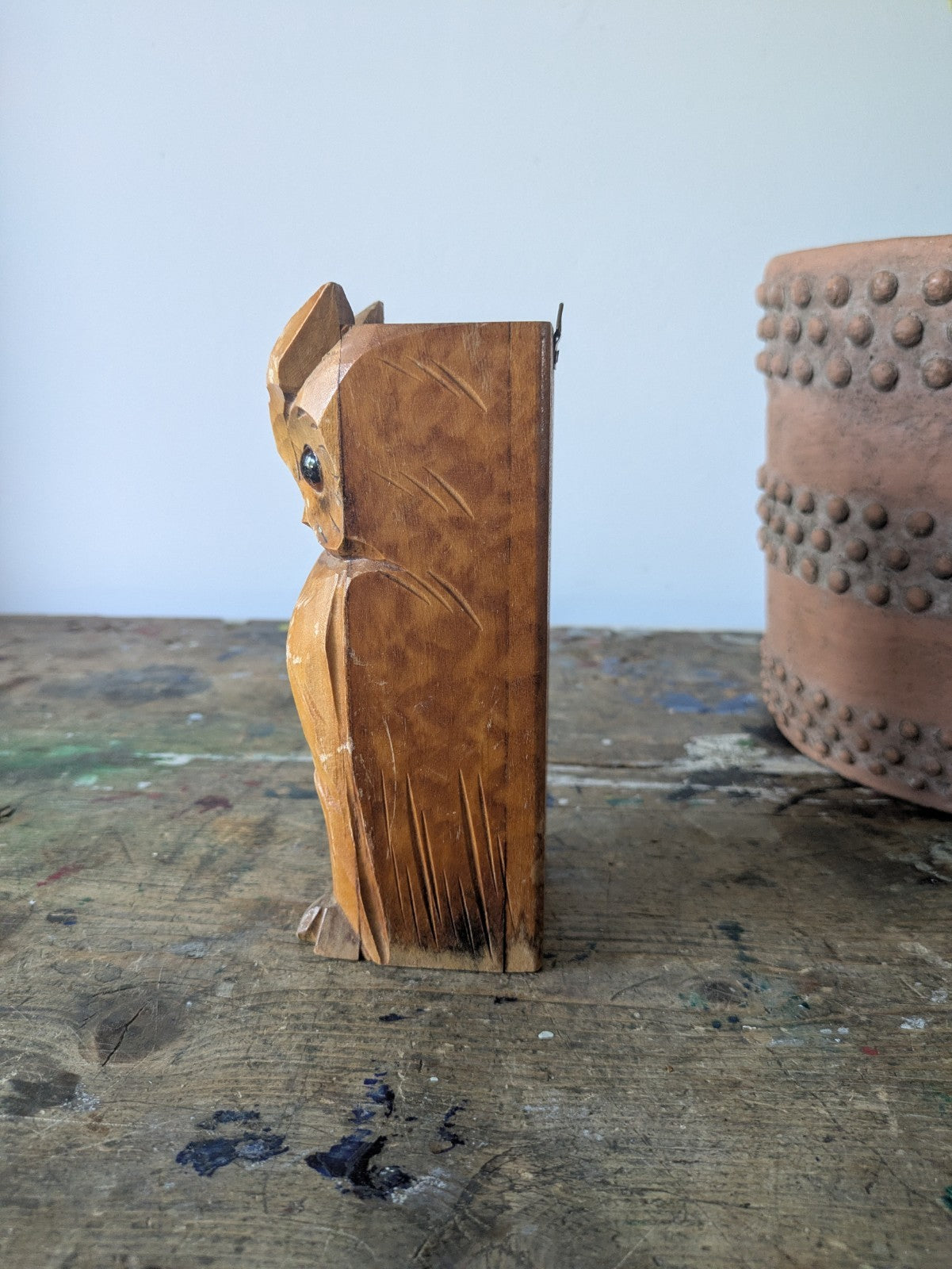 Vintage Black Forest Carved Owl Holder Sconce Mid Century Wooden Candle Brush Vg