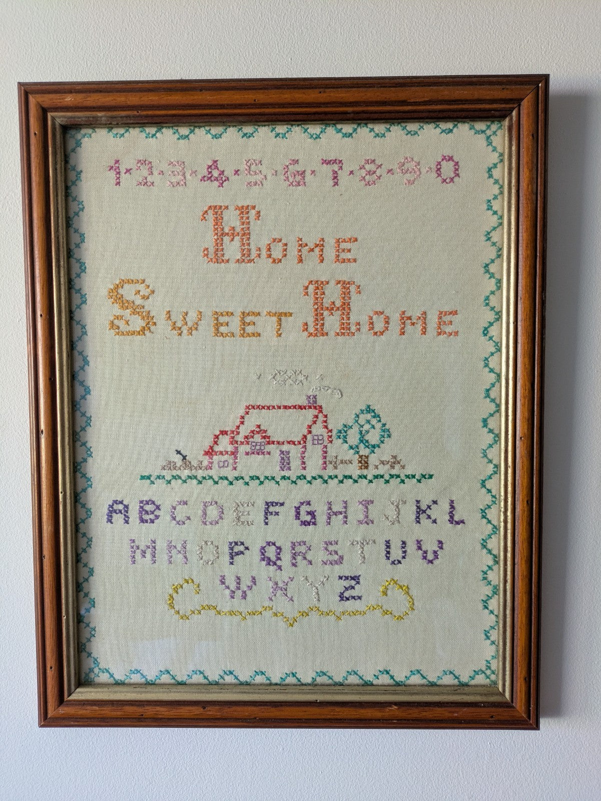 Vintage Cross Stitch Sampler Home Sweet Home Flowers Original Frame Handmade Vgc