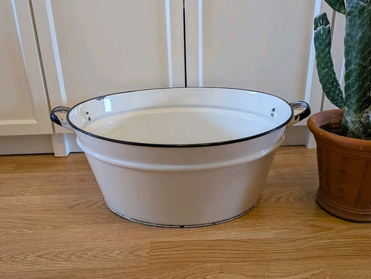 Vintage White Enamel Large Washtub Planter With Double Handles Prop Tub Bath Vgc