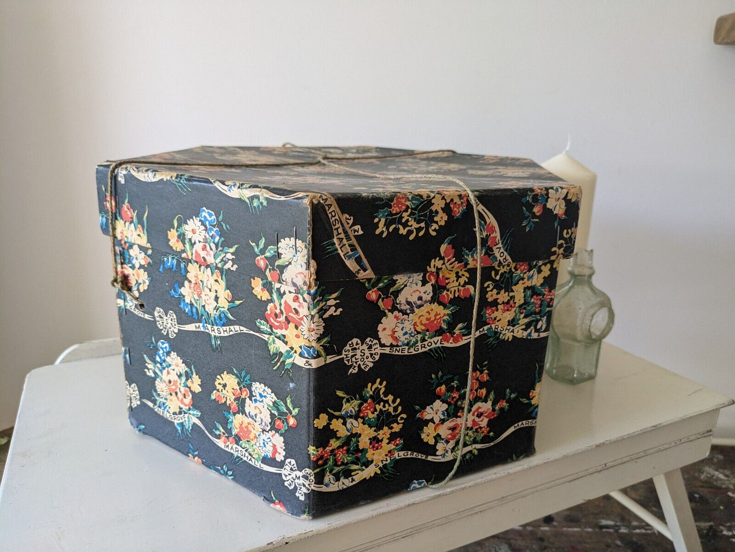 Marshall and Snelgrove vintage large hat box 1950's Hexagonal Floral Storage Vgc