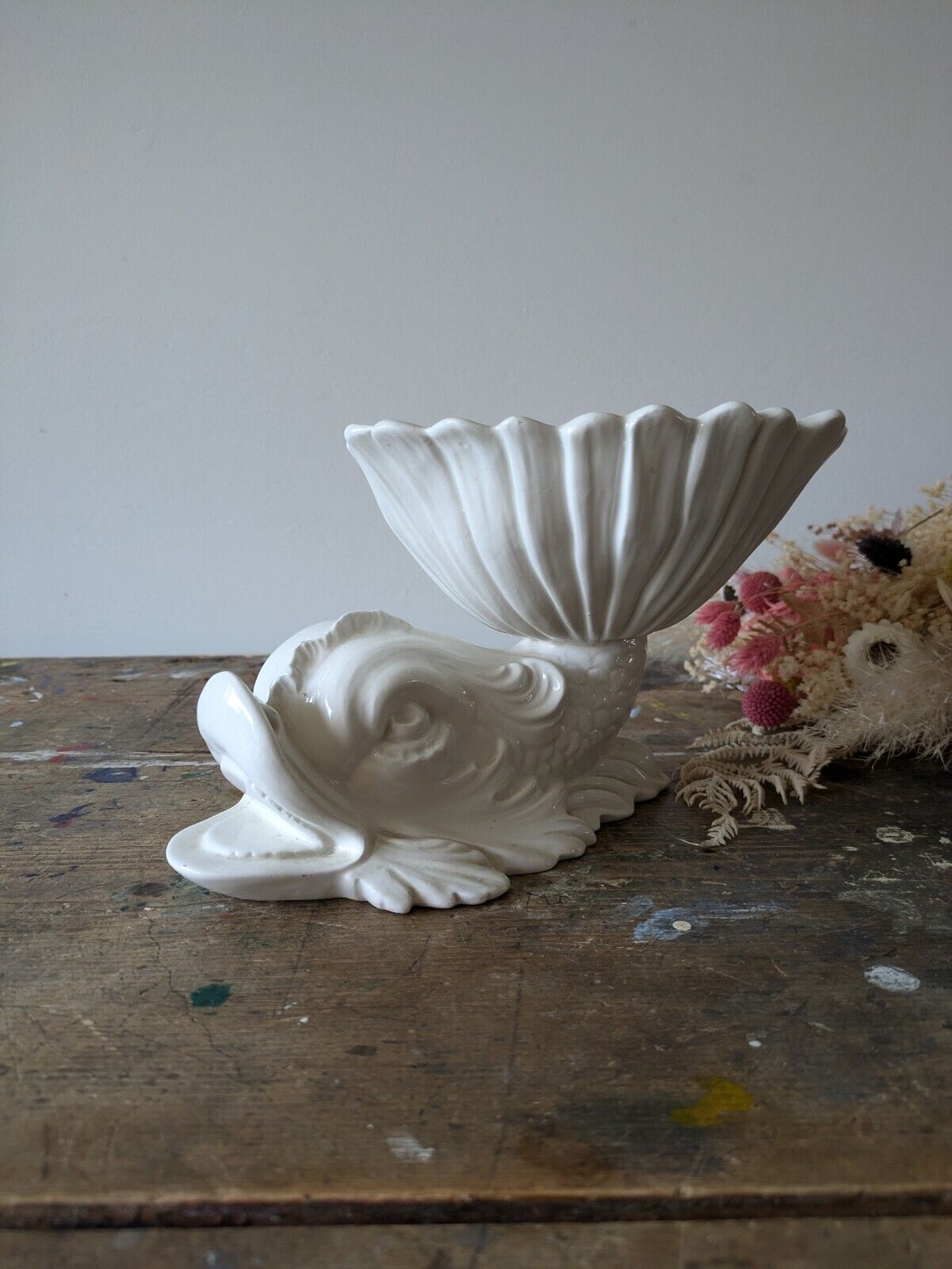 Rare Vintage Rita-Dal-Pra - Italian Ceramic Dolphin Fish White Ornamental Bowl