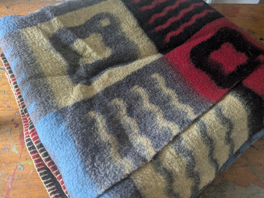 Vintage 100% Wool Blanket Throw Blue Red Abstract Retro 1960s 1970s Campervan