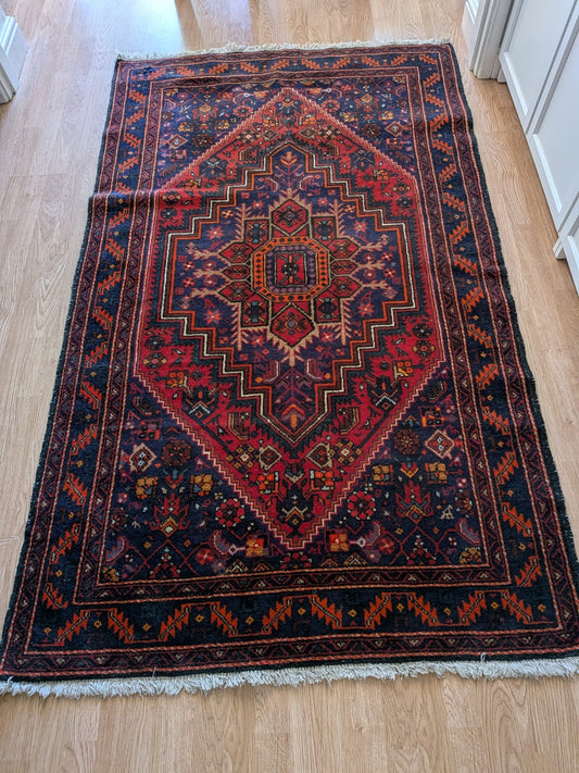 Vintage Traditional Handmade Persian Hamadan Wool Multicolor Rug Blue 207x126cm