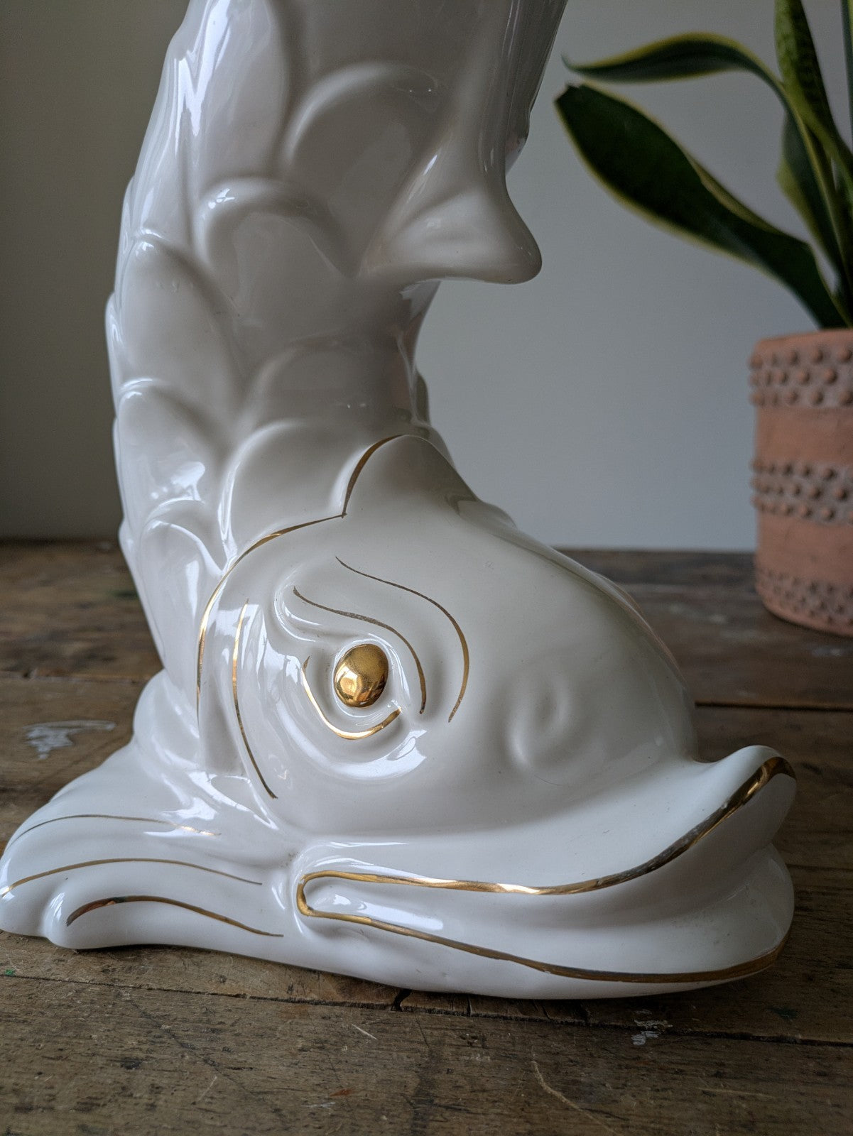 XL DOLPHIN CERAMIC CAPODIMONTE ITALIAN WHITE MID CENTURY VTG PLANT STAND TABLE