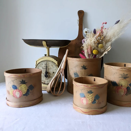 Vtg Canister Set Fruit Wood Rustic Farm House Utensil Decor Bentwood Rare Pots