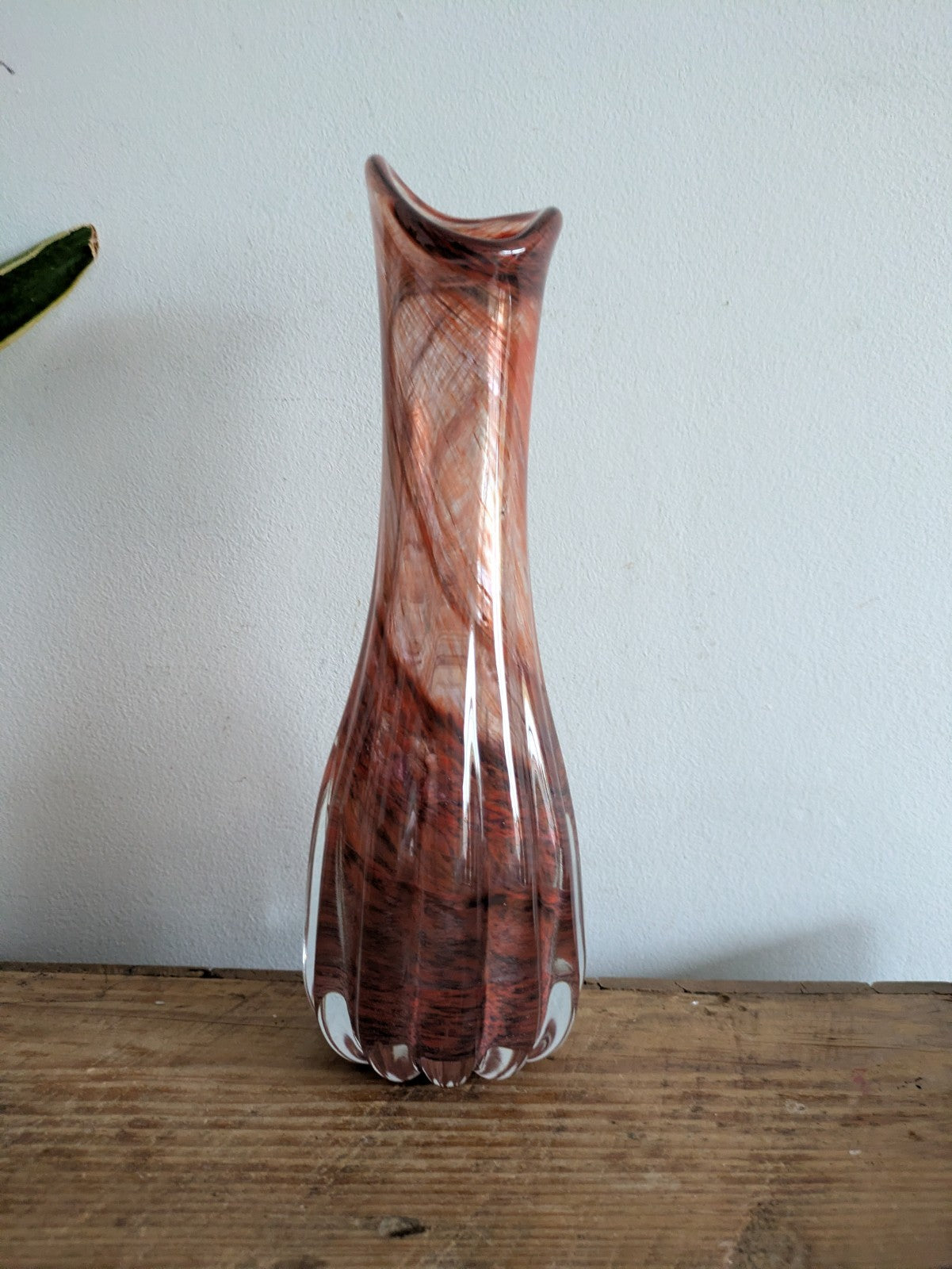 VTG Murano? Studio Art Glass Hand Blown Brown Vase Tall Ribbed Fluted MCM Prop