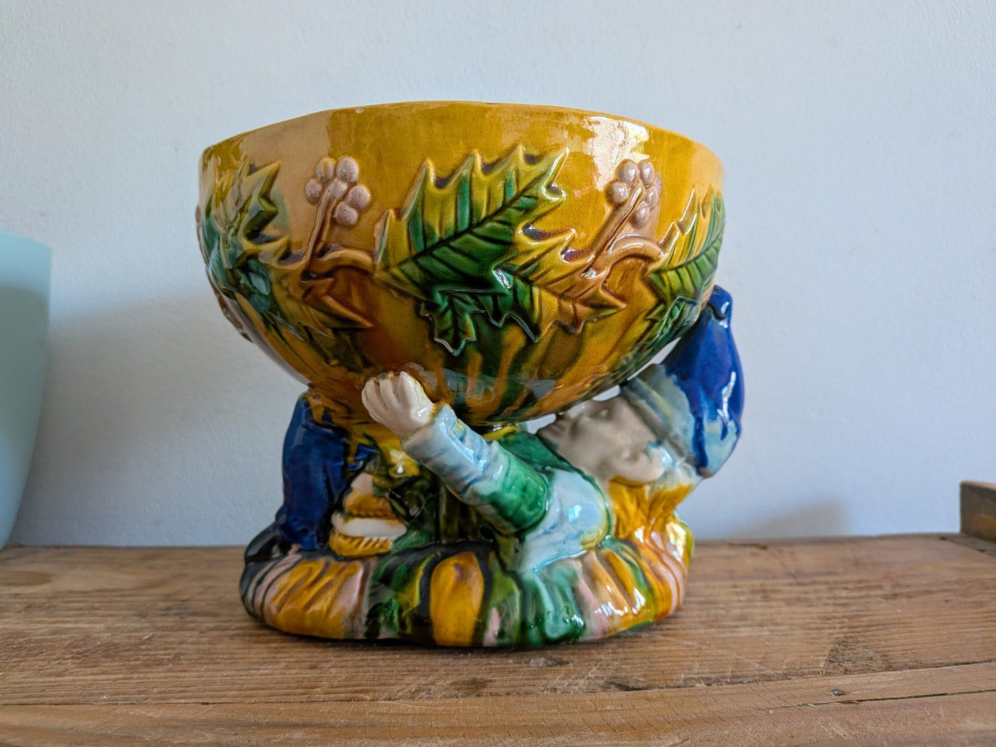 Vintage George Jones Majolica “MR Punch” Punch Bowl Christmas Table Gnome Dwarf