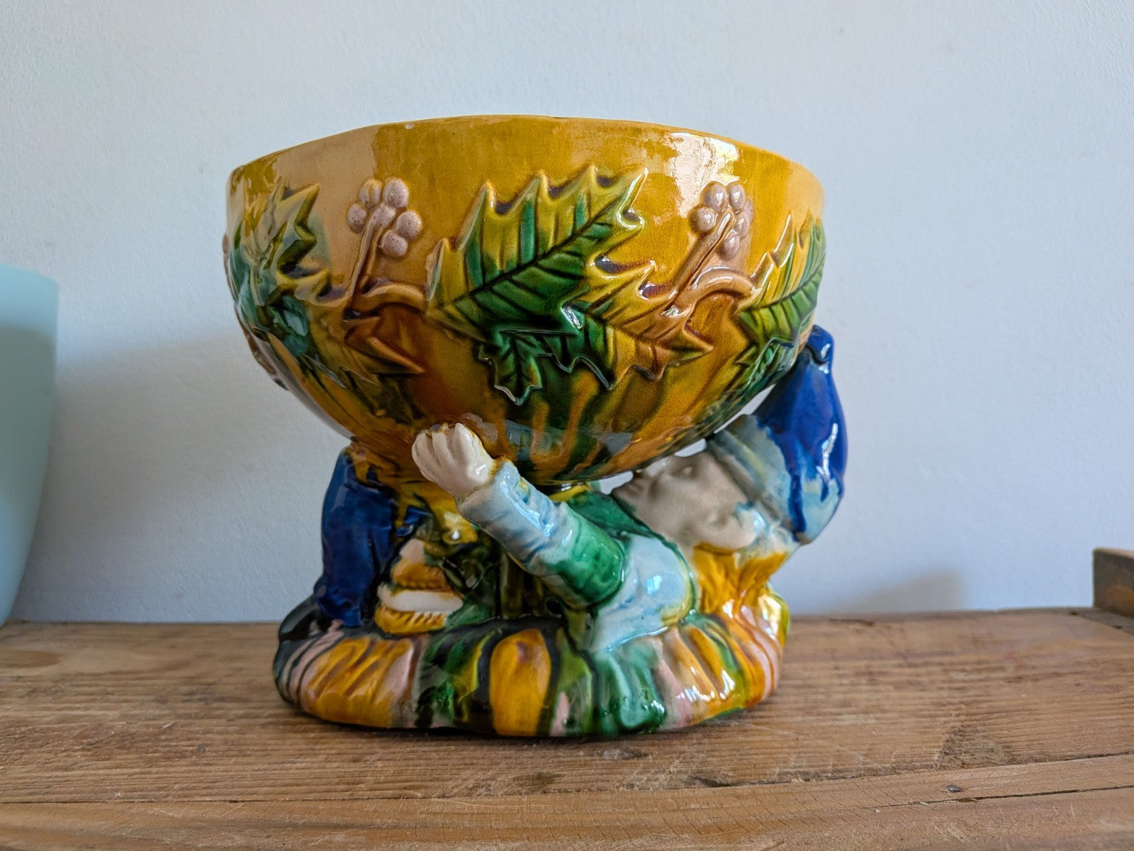 Vintage George Jones Majolica “MR Punch” Punch Bowl Christmas Table Gnome Dwarf