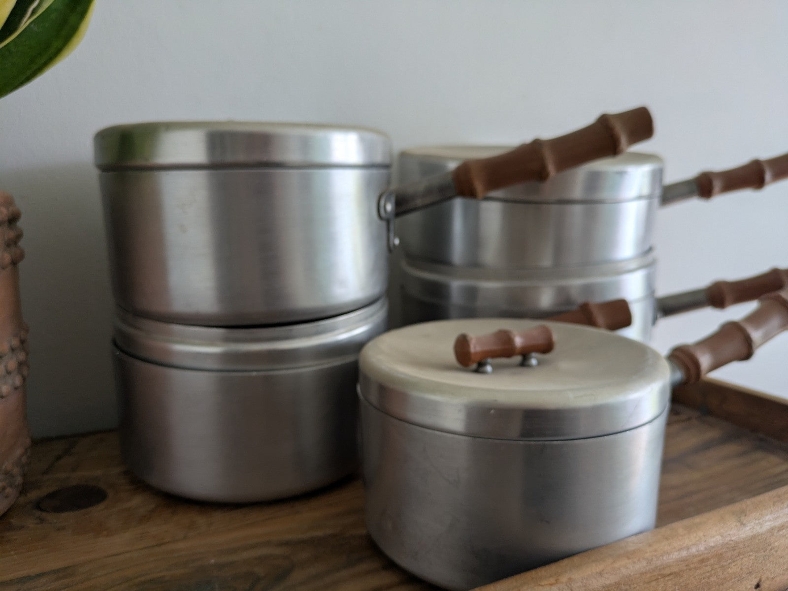 Vtg Retro Bamboo Mirro Ware Stainless Steel Aluminium Cooking Pots Sauce Pan Fry