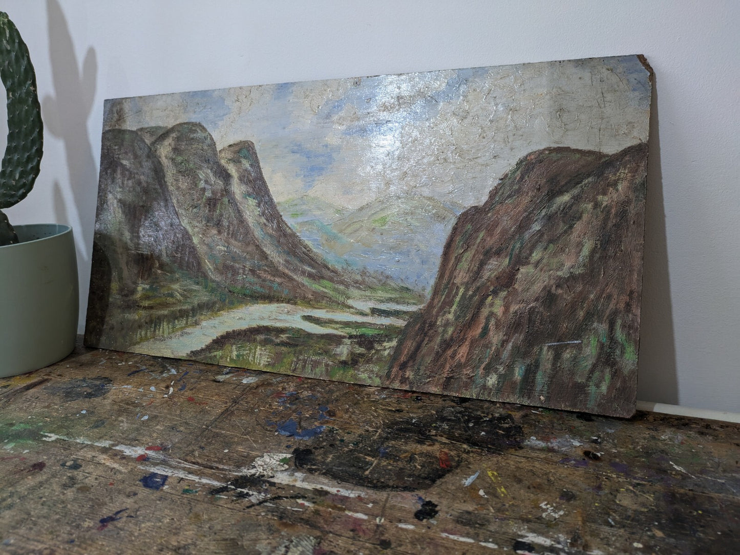 Vtg Painting T Morris Mountains Valley Oil On Board Country Picture Landscape