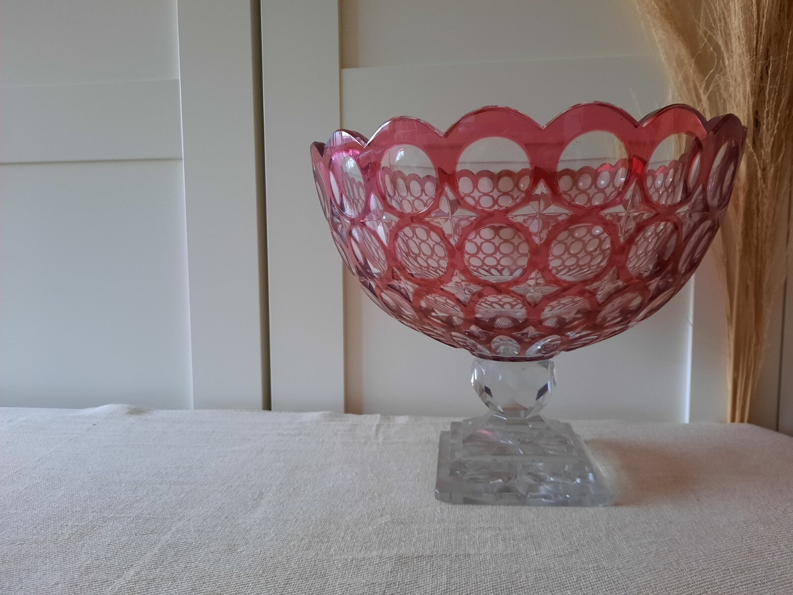 ANTIQUE Vintage Bohemian Cut Clear RUBY CRANBERRY Footed Glass Bowl Pedestal lrg
