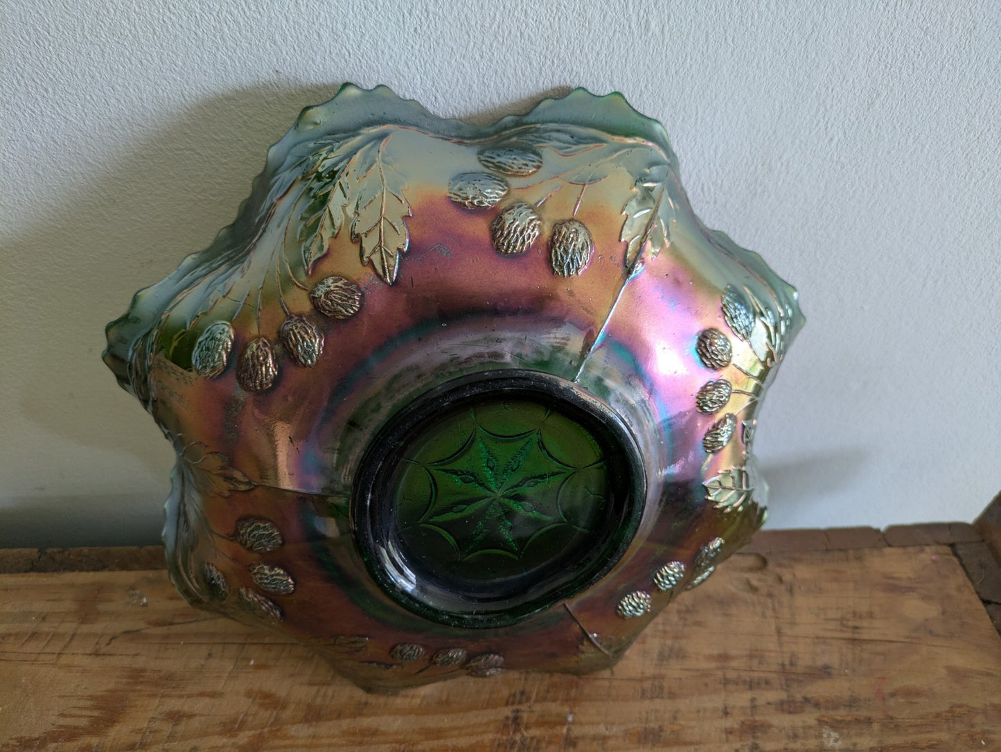Fenton Peacock & Grape Green Iridescent Carnival Glass Ruffled Bowl Antique Rare