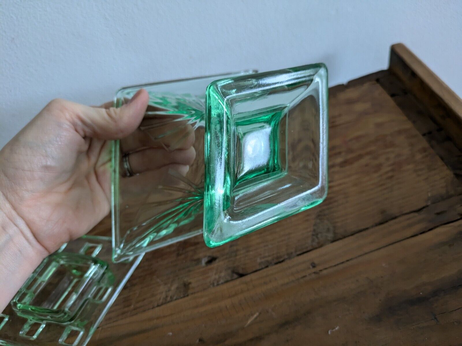 Stunning Bagley Art Deco Green Glass Flower Vase Bowl Vintage Antique Spinette