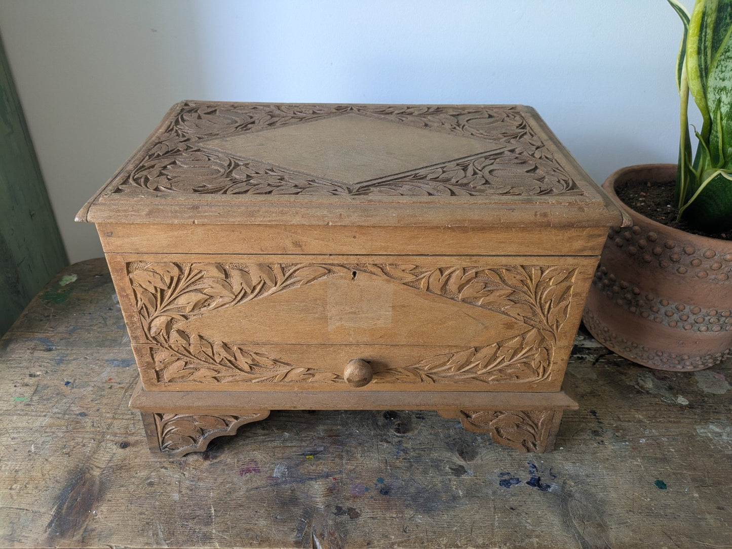 Vintage Hand Carved Indian Wooden Storage Cabinet Chest Trunk Mango Wood Box Sml
