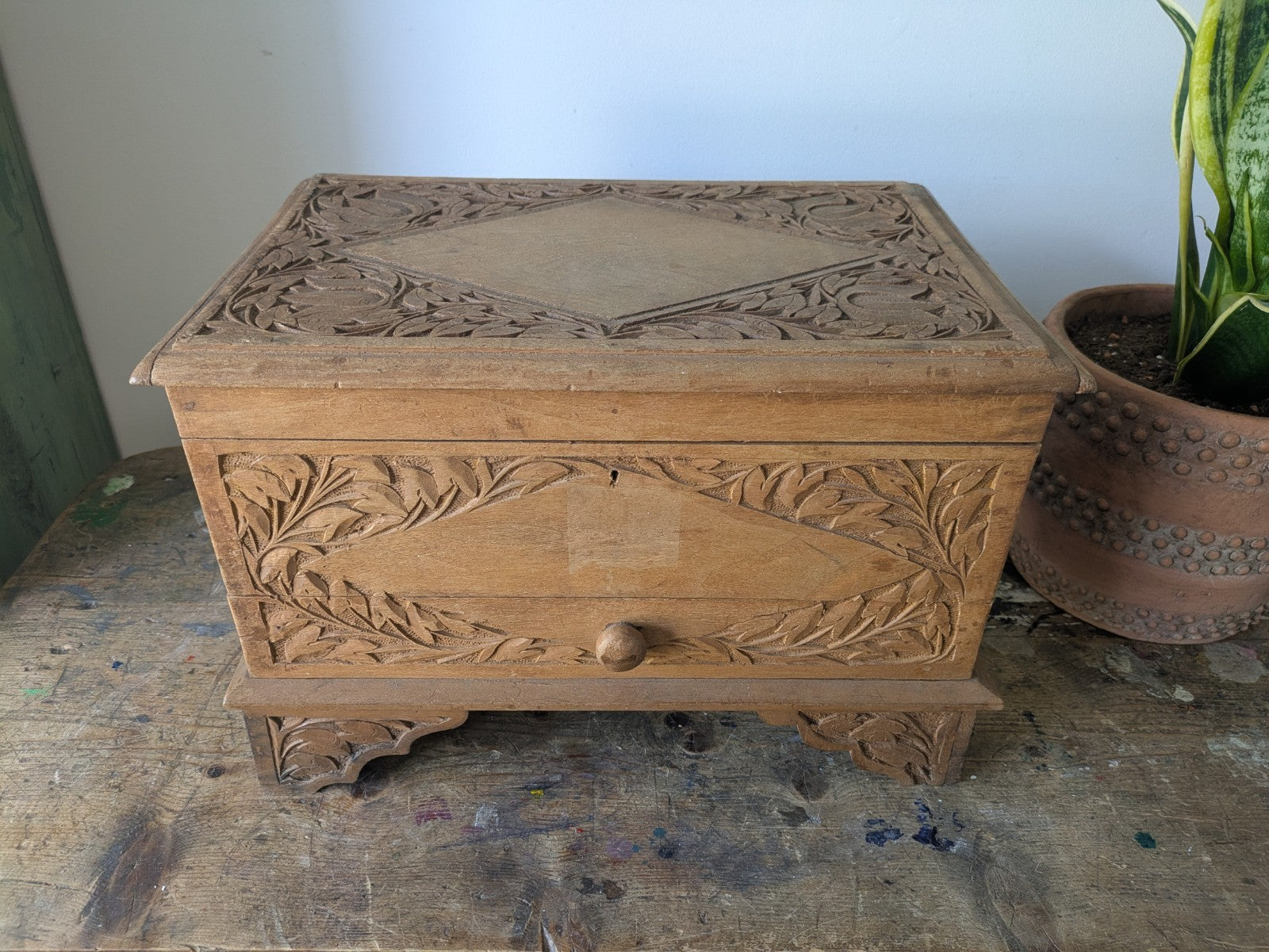 Vintage Hand Carved Indian Wooden Storage Cabinet Chest Trunk Mango Wood Box Sml