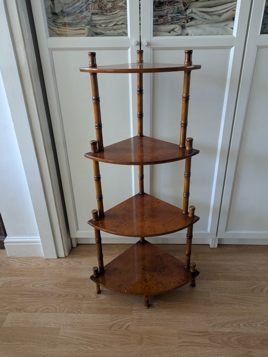 Faux Bamboo & Walnut Corner Stand Whatnot Vintage Mid century Tiki Shelves Old