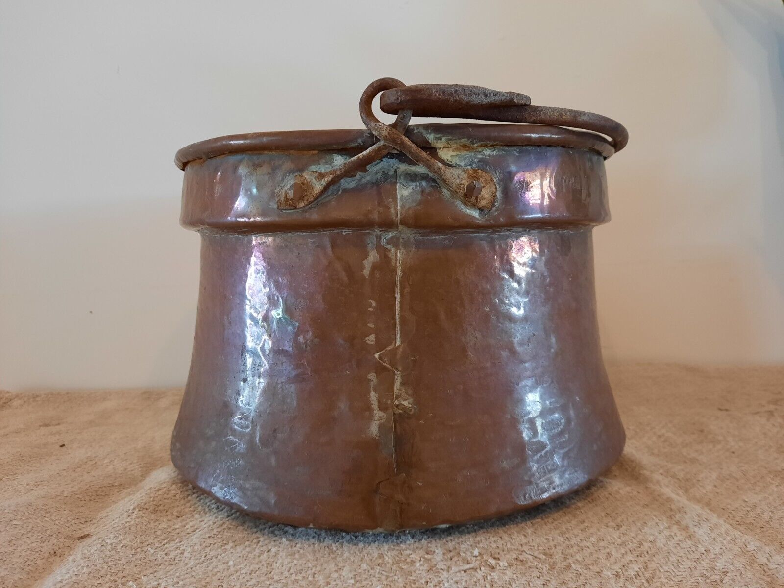 Antique 19th C Copper Kettle Cauldron Planter Pot French 1800s Handmade hammered