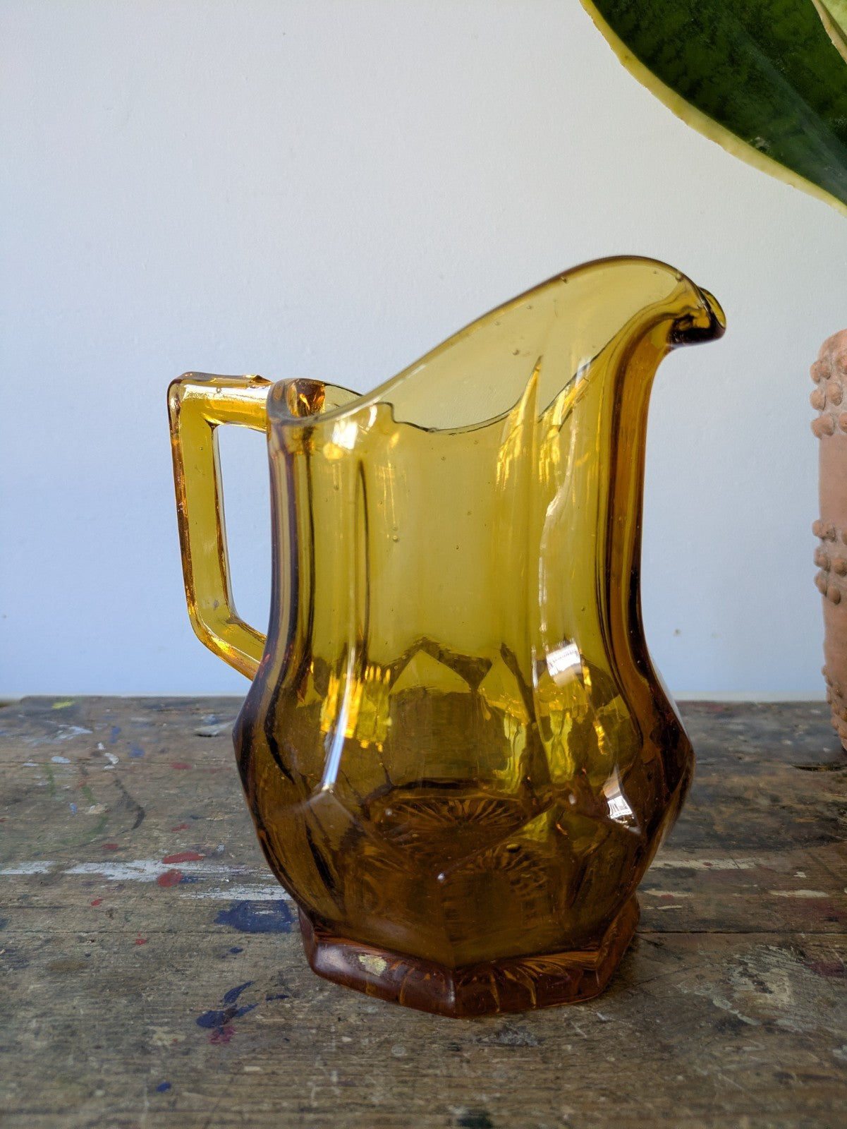 Vintage Amber Pressed Glass Water Jug Pitcher Chunky Art Deco Pitcher Vase Retro