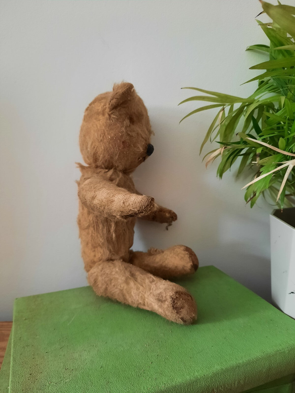 Antique Small Jointed Old Mohair Teddy Bear straw stuffed vintage RARE worn toy