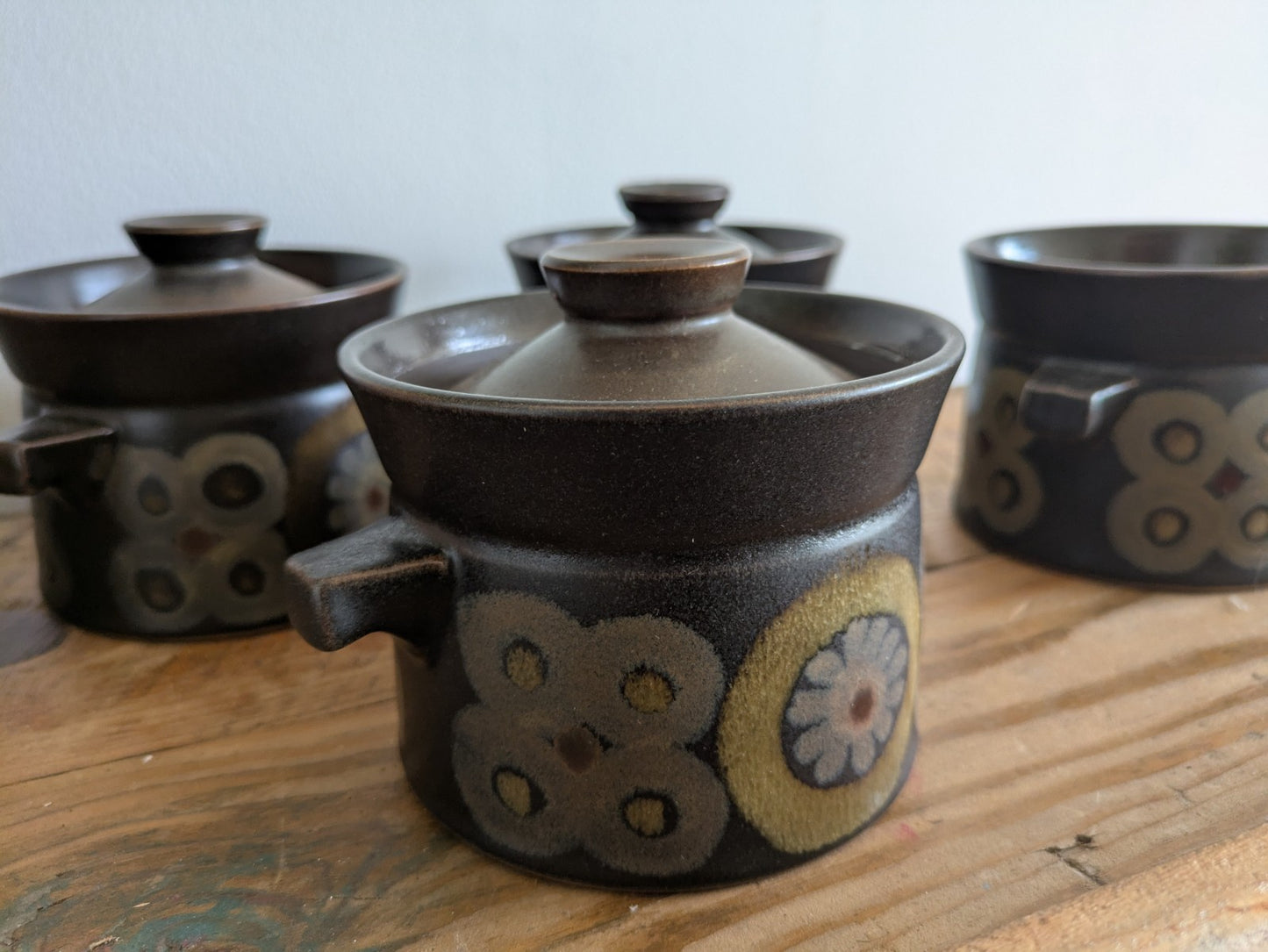 4 vintage 1960s DENBY Arabesque Gill Pemberton Small Lidded Soup Bowls 3 Lids 
