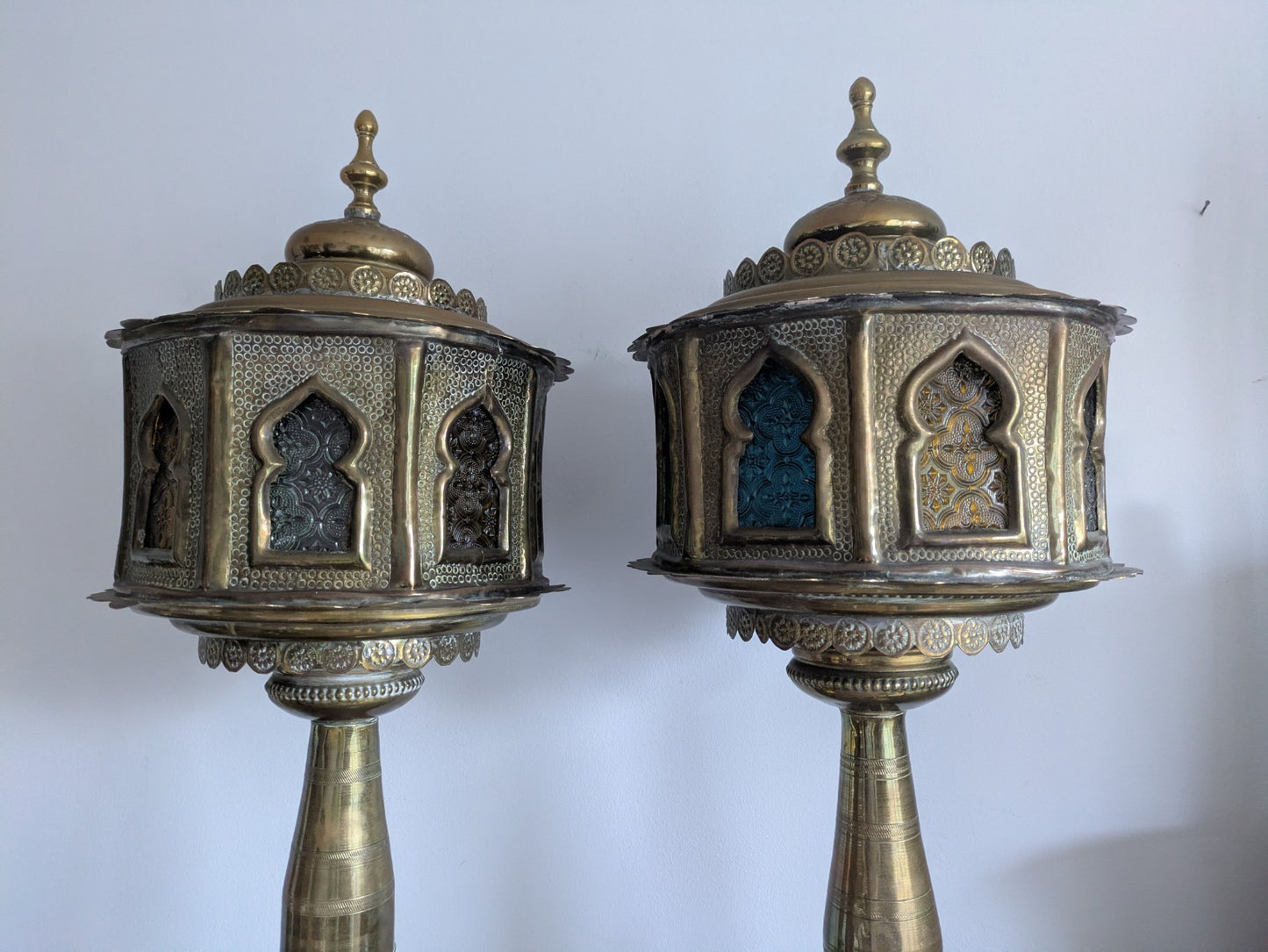 VTG Moroccan Brass Floor Lamps Stained Glass Gothic Original Pair Lights Props 