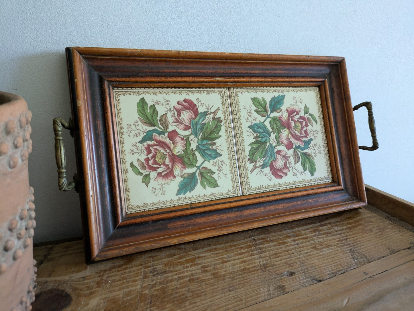 Vintage Tray Ceramic Rose Floral Tiles Wooden Frame & Brass Handles Serving Old!