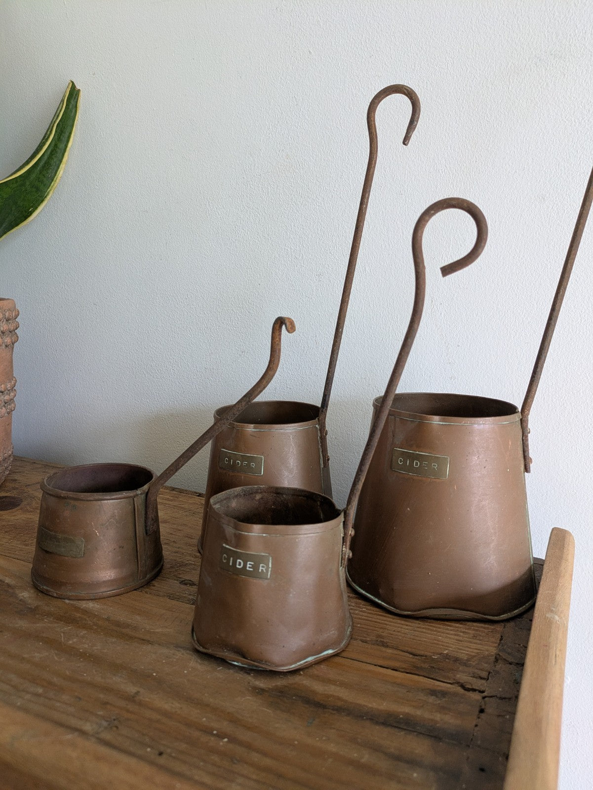 Antique Set of 4 Copper Cider Measures Long Iron Handled Ladles Jugs Cups Vintag