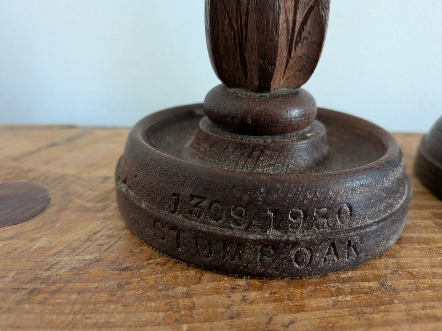 Vintage Antique Stump Oak Candlestick Holders Pair Hand Carved Candle 1930s Deco